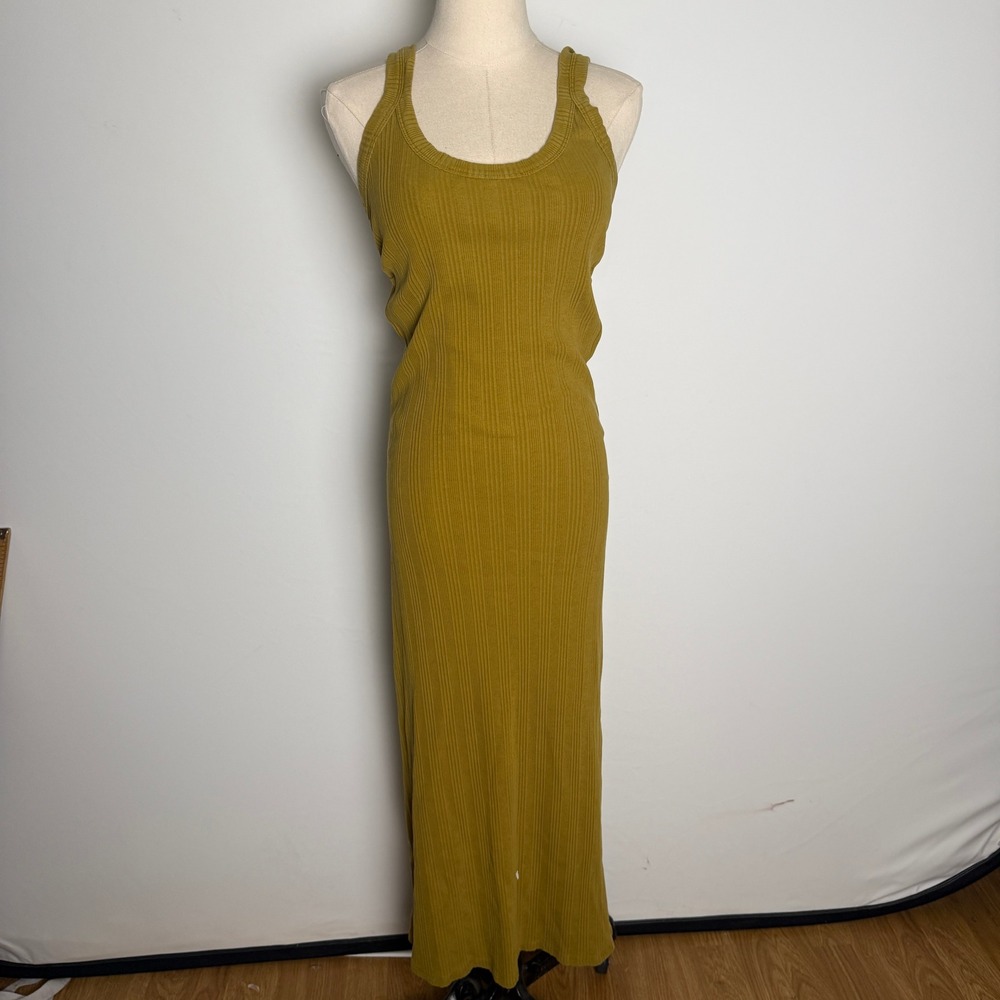 Vitamin A West Dress Mustard Yellow Ribbed Knit Sleeveless Maxi Slit 1063
